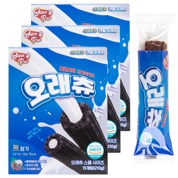 슈퍼포우 강아지 오래츄 덴탈껌, 혼합맛블루베리크랜베리, 210g, 3개