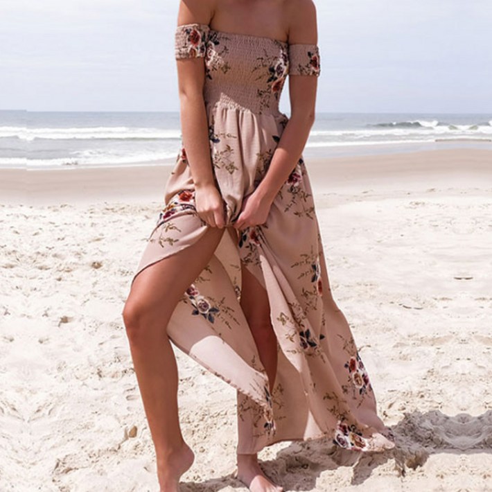 풍깍쟁이 여성용 오프 숄더 괌 비치 바캉스 드레스