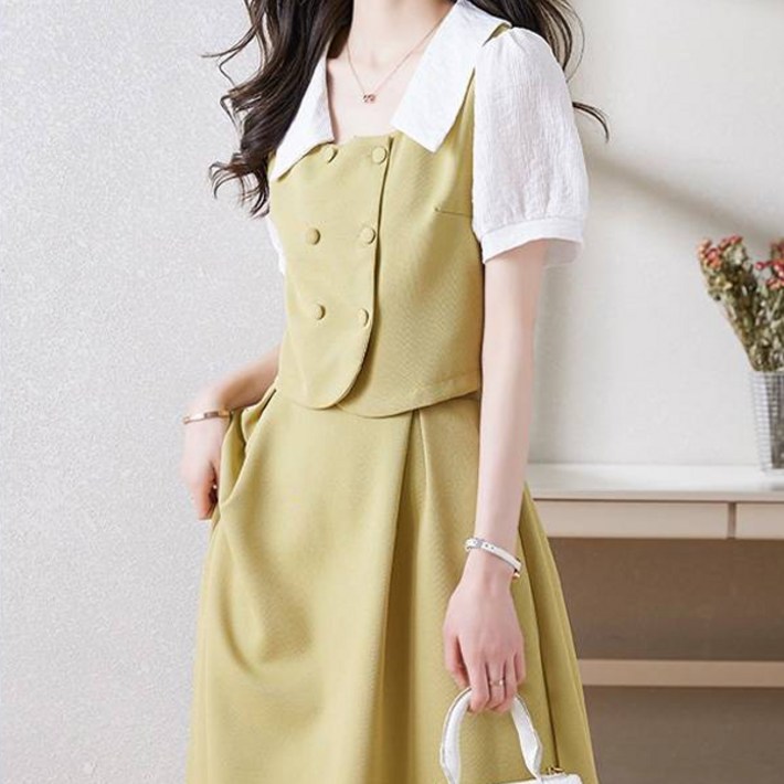 페이퍼먼츠 배색 카라넥 더블 버튼 반팔 자켓  미디 스커트 세트 05053