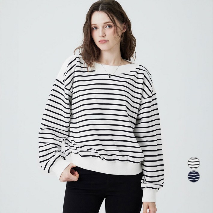 ELLEPARIS 보트넥 스트라이프 맨투맨 스웻셔츠