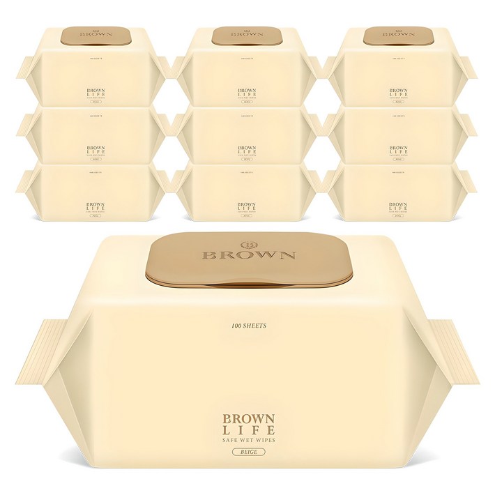 브라운라이프 베이지 엠보싱 대용량 물티슈 캡형, 50g, 100매, 10개