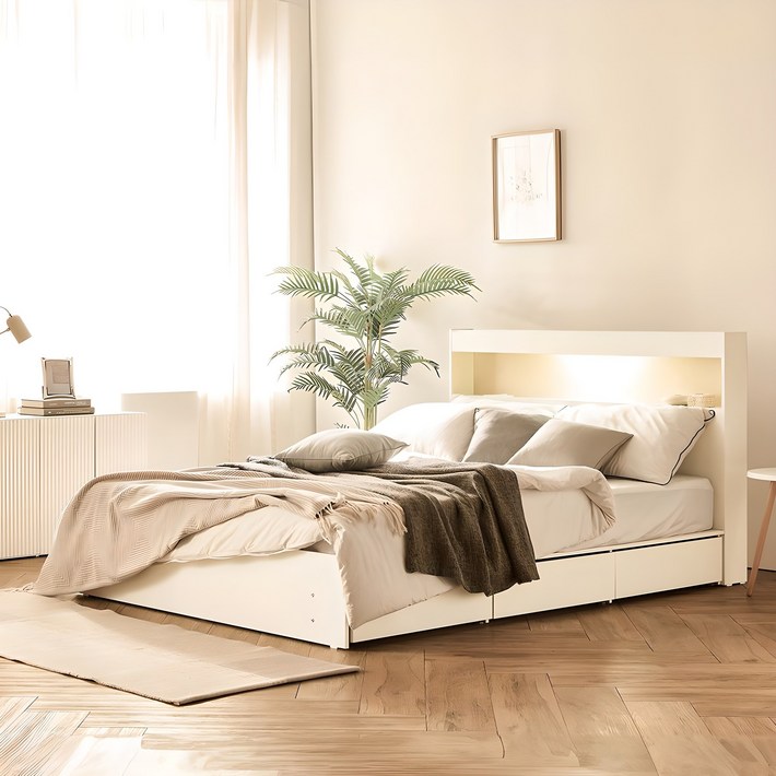 동서가구 이즈 카이 LED 1단 3서랍 수납침대 프레임  본넬 양면 매트리스 세트 방문설치, 화이트  화이트