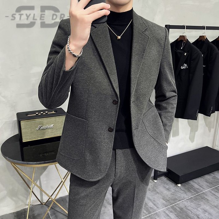 스타일닥터 남성 정장 두꺼운 모직 캐주얼 정장 슬림 양복 투피스