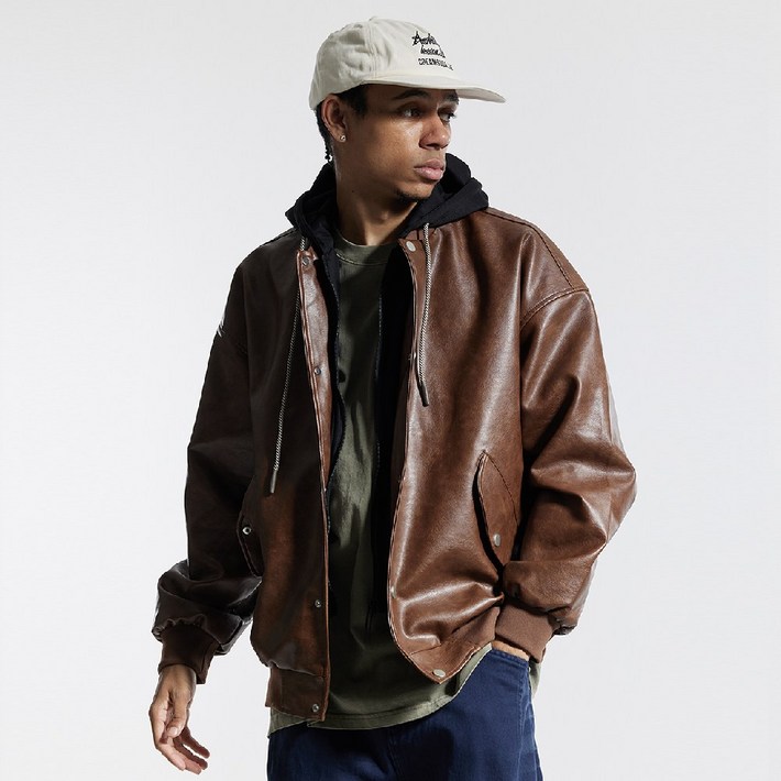 크림소다랩 내츄럴 워시드 비건 레더 후드 자켓