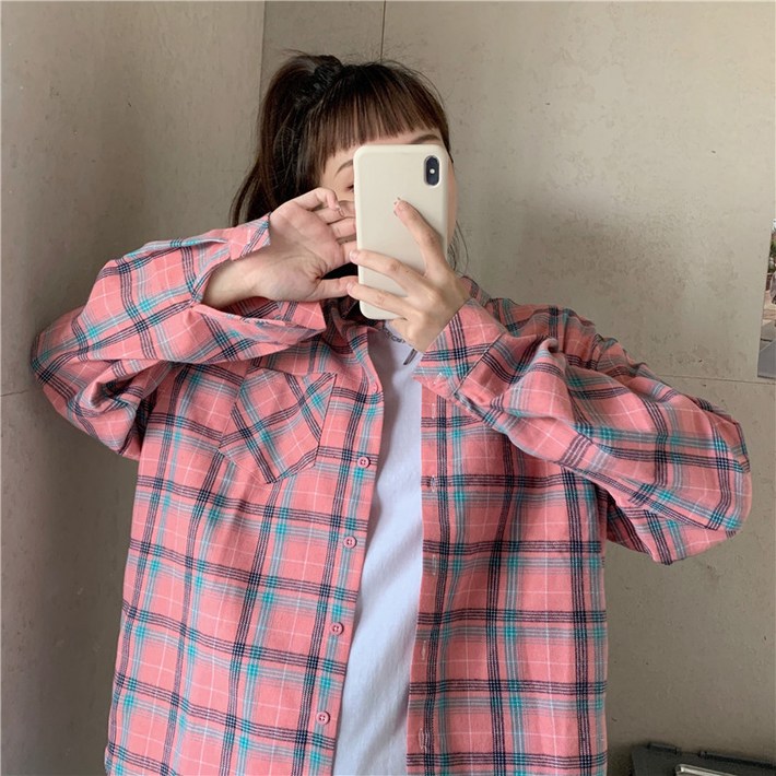 리리나 여자 긴팔 오버핏 체크 남방 셔츠