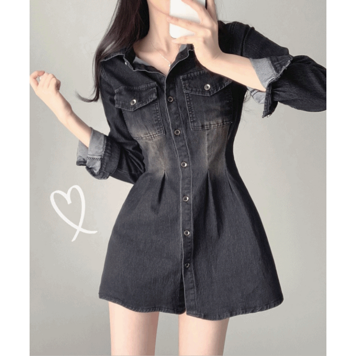자스민벨 벨라 투핀턱 포켓 데님 카라 셔츠 미니 원피스 청치마 원피스