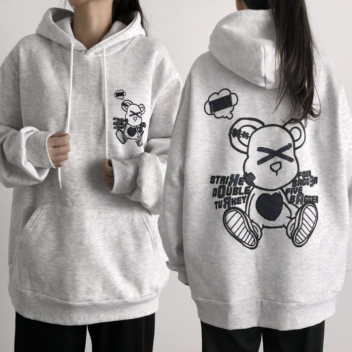 레이디스룸 기모선택 국산 오버핏 곰돌이 프린팅 후드티 빅사이즈 남녀공용