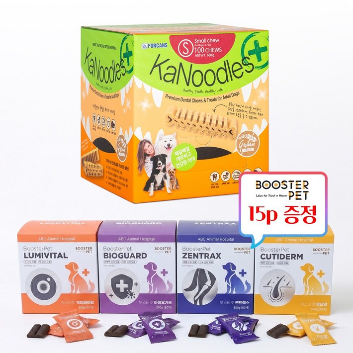 강아지 치석제거 덴탈껌 카누들 필로팩 S 100p  부스터펫 영양제 15p, 1세트, 680g, 바이오가드면역 15p 증정