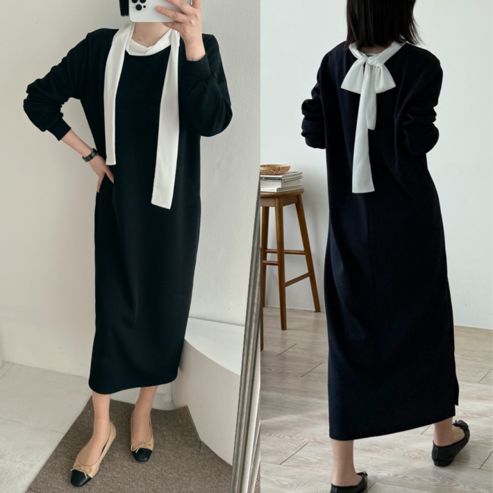 핏몬 여성 리본 타이 긴팔 검정 롱 원피스 봄 가을 하객룩