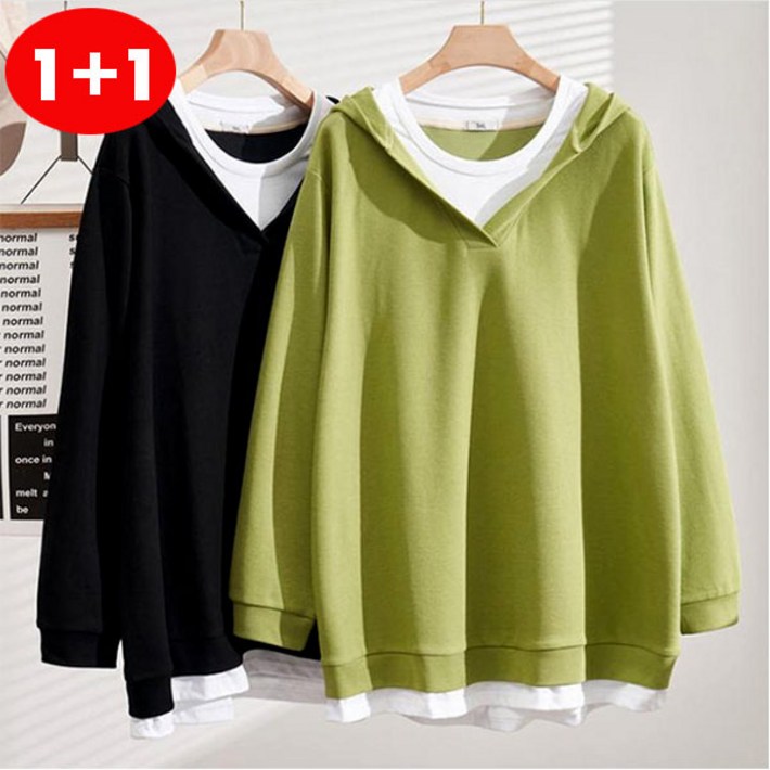 AOUGK 11 여성 레이어드 후드티 오버핏 후드 맨투맨 빅사이즈 긴팔 티셔츠 원피스 빅사이즈 롱티