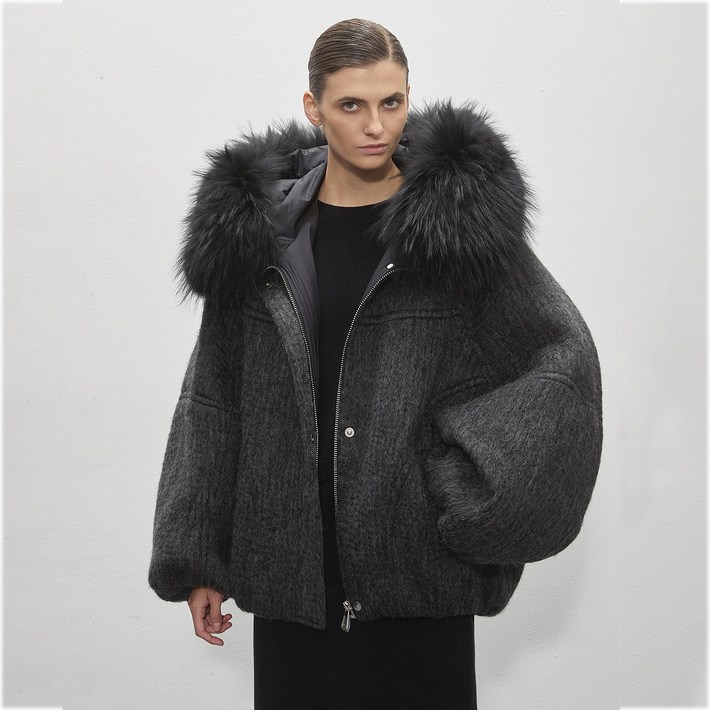 그루밍 grooming 여성 겨울 모헤어 여우 모피 칼라 90 화이트 구스 다운 패딩 점퍼 모피 코트 자켓