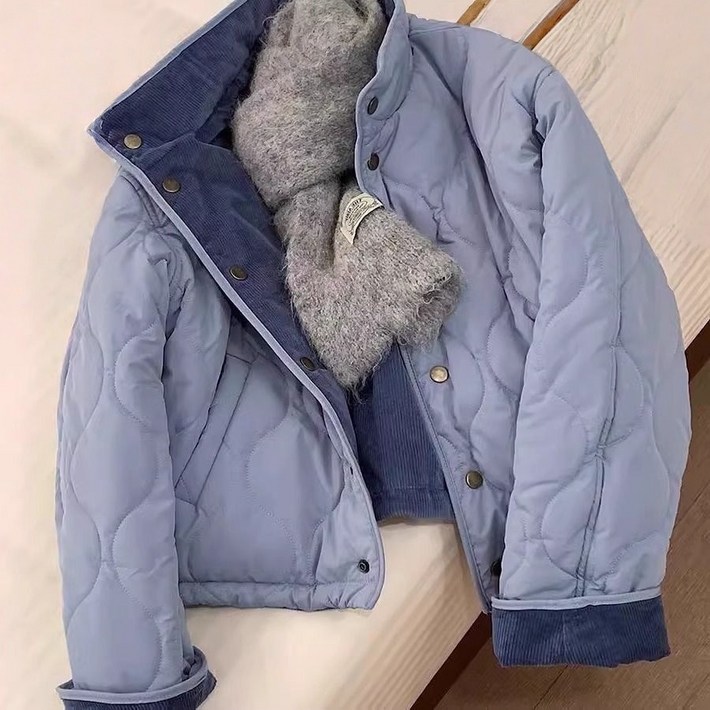 ORZQU 추동 여성 블루 코듀로이 터틀넥 패딩 루즈핏 보온 패딩  리버시블리버시블코트 여성패딩