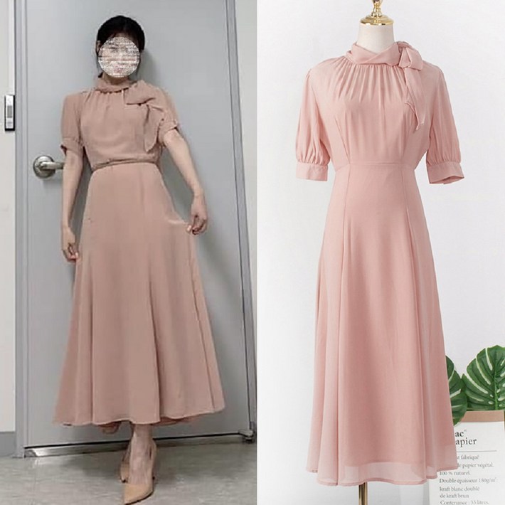 SAMARA 패션 핑크 쉬폰 롱 원피스