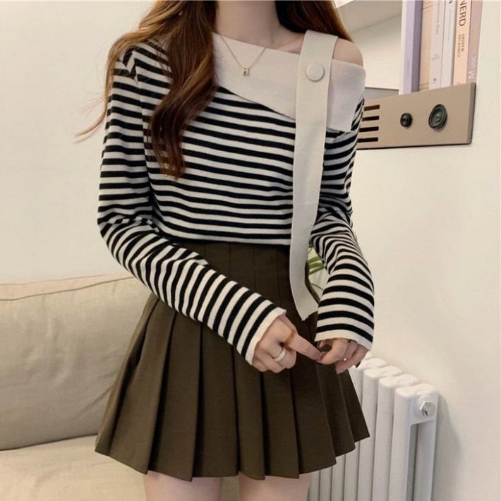 아이엠몽 여성 스트라이프 오프숄더 니트 티셔츠