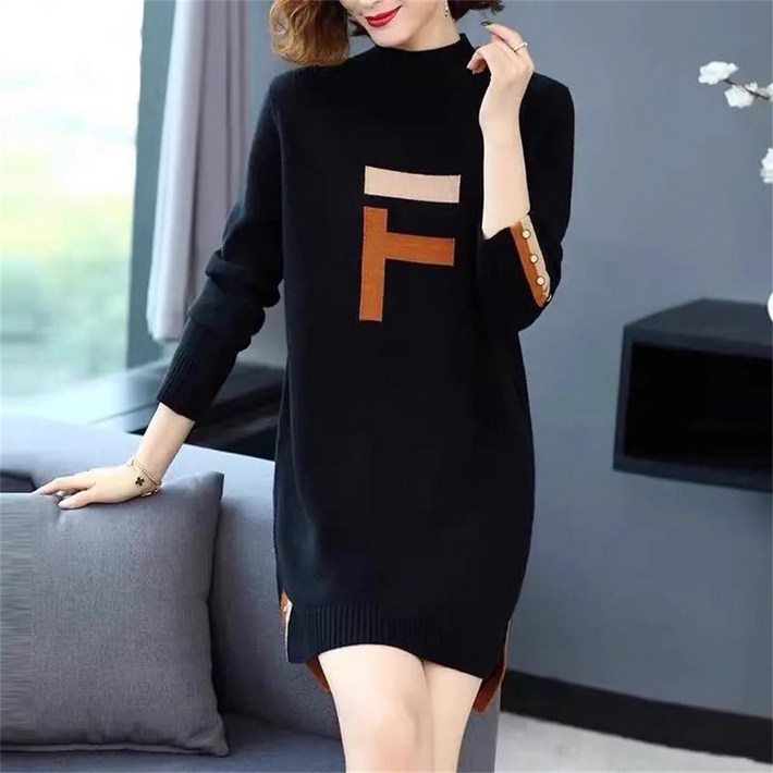besteffie 여성 가을 겨울 따뜻한 니트 미니 원피스 심플한 디자인 긴팔 하이넥 스웨터 빅사이즈 데일리 드레스 K98