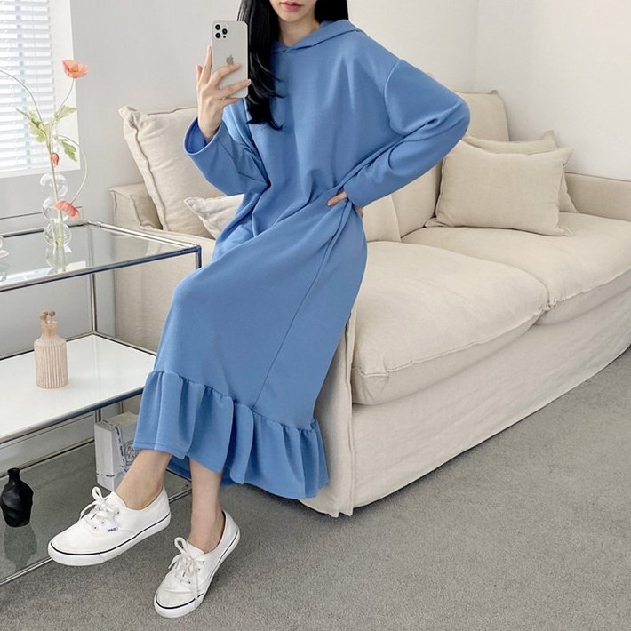 여성 가을 롱 프릴 후드 원피스 국내 제작 4477