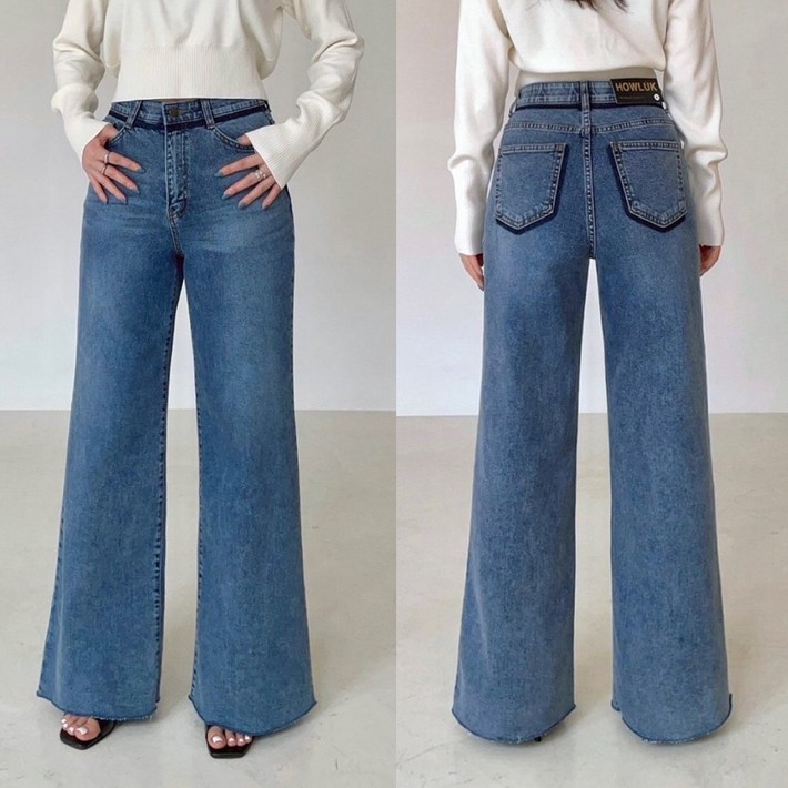 하우룩 오비배색 와이드 데님 청바지 봄 가을 스판 밴딩 여성