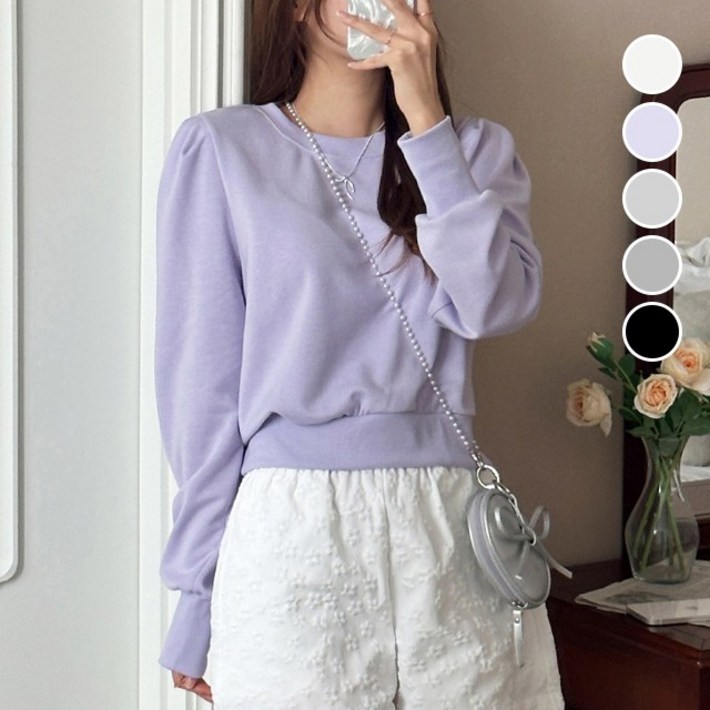 드모아 여성 퍼프 크롭 맨투맨  라운드넥 러블리 셔링 데일리 데이트 오피스 여행 여리여리