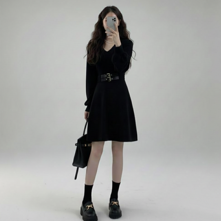 에쉬울프 빅사이즈 브이넥 슬림핏 정장룩 하객룩 롱 원피스