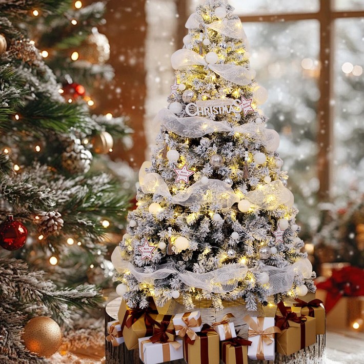 고품질 레트로 미니 크리스마스트리 세트, 받침대, LED 조명 및 다양한 정교한 장식품 포함. 거실, 쇼핑몰 등 실내외 장소에 적합합니다. 트리 본체는 모두 녹색,140cm