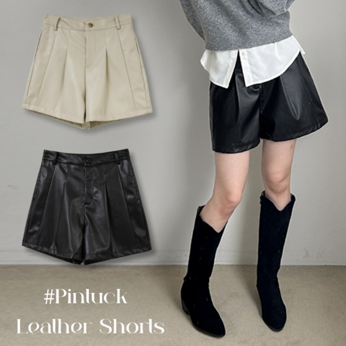 S2XL 허벅지 소멸 빅사이즈 핀턱 레더 반바지 3부 4부 쇼츠