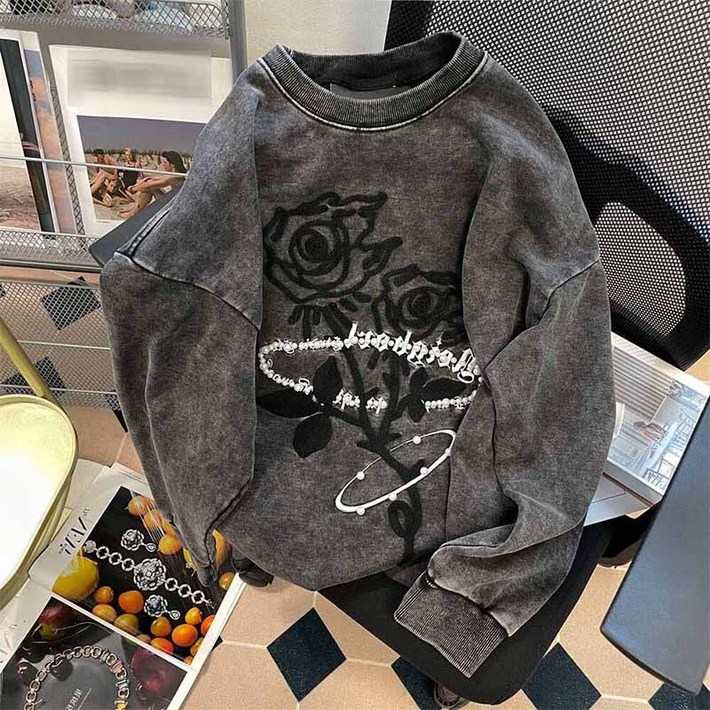 AOKADA 여성 라운드 루즈핏 플라워 프린팅 커플 맨투맨 가을 긴팔 티셔츠