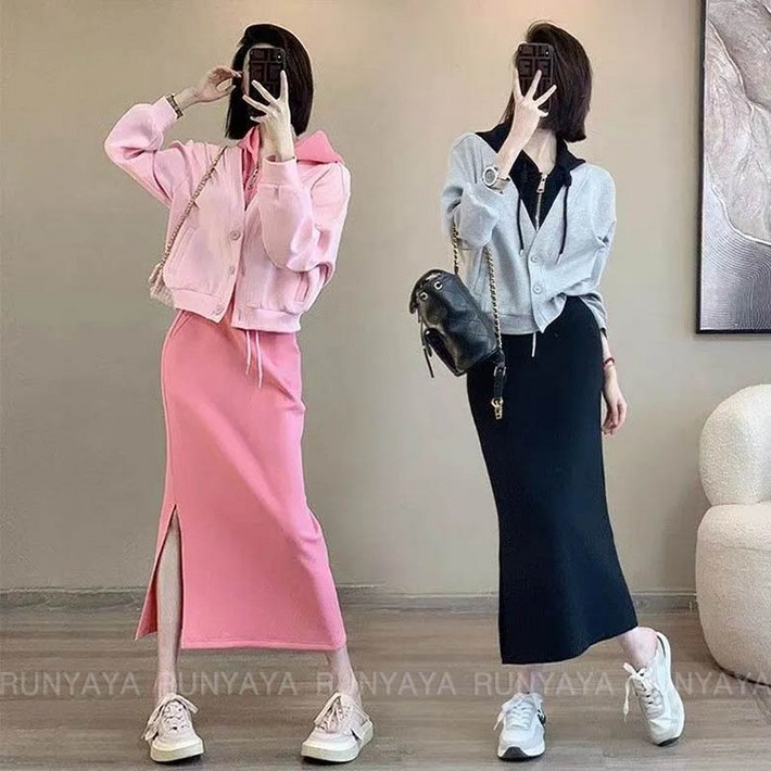 봄 가을 캐주얼 스커트 세트  롱 후드 티 빅사이즈 트임 여성원피스 브이넥 가디건 코트 상의 투피스 D99U