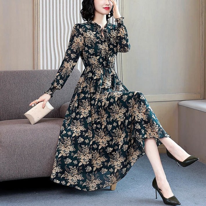 봄가을 프릴 긴팔 쉬폰 원피스 중년여성 엄마옷 플라워 원피스 빅사이즈 a라인 플레어 롱 스커트