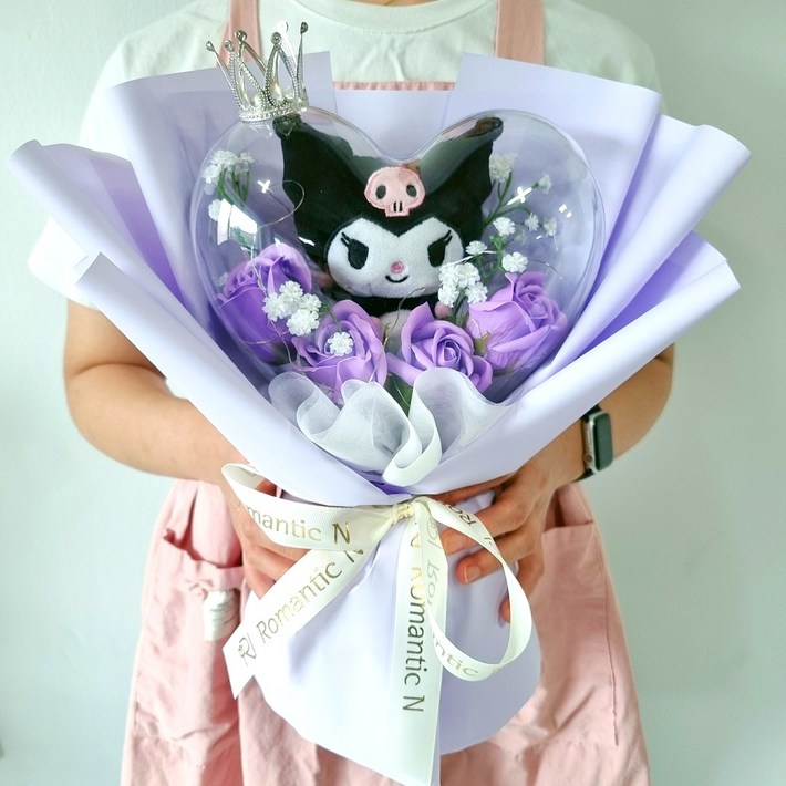 로맨틱앤 산리오 인형꽃다발 아크릴 하트 풍선꽃다발  쇼핑백  LED조명, 1개, 쿠로미 퍼플