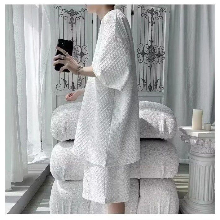 아톰닉 남자와플 셋업 몽드 텍스처 릴렉스 셋업 스노우 코튼 무드세트  화이트클라우드 릴렉스핏남녀공용 와플 반팔반바지 세트여름용 오버핏 와플 셋업