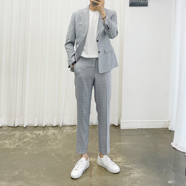 아도르클래식 Mousse 글랜체크 반밴딩 한여름, 봄, 가을 캐주얼 스판 정장 수트 세트
