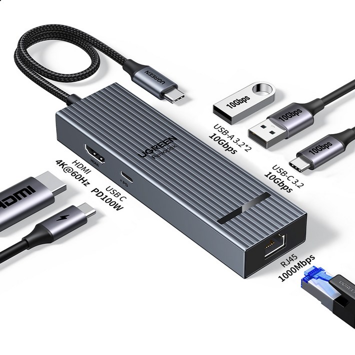 UGREEN 유그린 76 포트 10Gbps USB3.2 Gen 2 USB C 멀티허브 4K60Hz HDMI2.0 도킹 스테이션, 1개