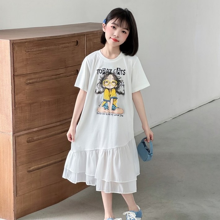 DA4241여아 키즈 주니어 여름 고퀄 코튼 린넨 마 쉬폰 실크 면혼방 라운드넥 반팔 복고 캐릭터 프린트 주름 플리츠 캉캉 맨투맨 원피스 드레스 치마 프렌치 데일리 아동복