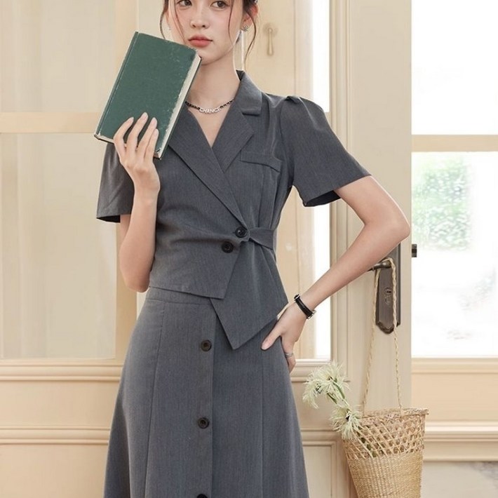 해피유통  여성 여름 반팔 재킷 네크라인 버튼 원피스 세트 오피스 스타일 디자인byq