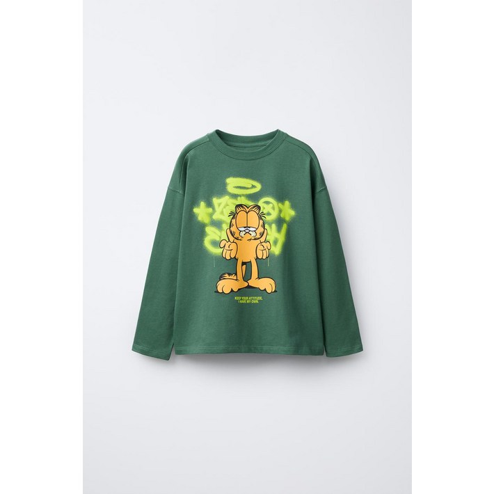 국내배송 ZARA 자라 아동 키즈 주니어 그래피티 프린트 GARFIELD © PAWS INC 티셔츠 암녹색 6224792501 1468085