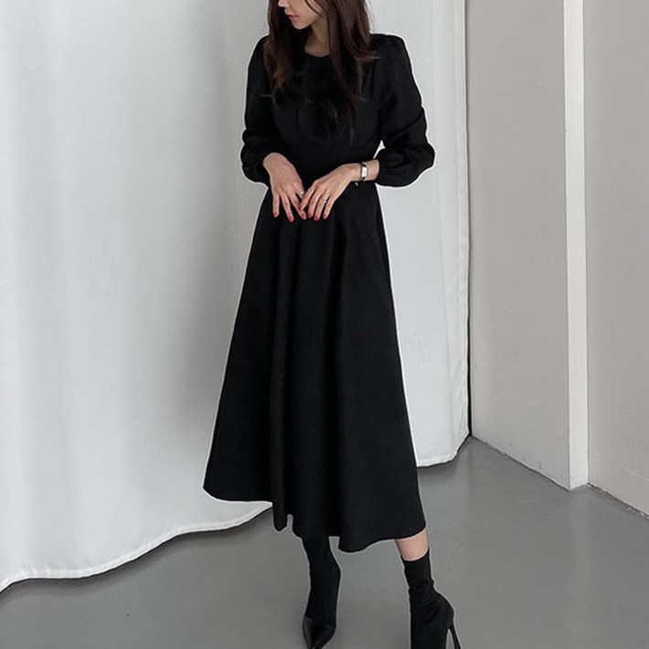 라라홀리 드뮤어 스웨이드 핀턱 허리끈 플레어 롱 원피스