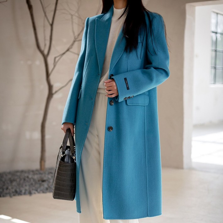블루 울 여성 벨트 롱 따뜻한 겨울 코트 모직