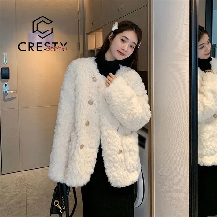 크레스티 여성 가을겨울 일상 트위드 코트 오버핏 라운드 두터운 램스울 코트