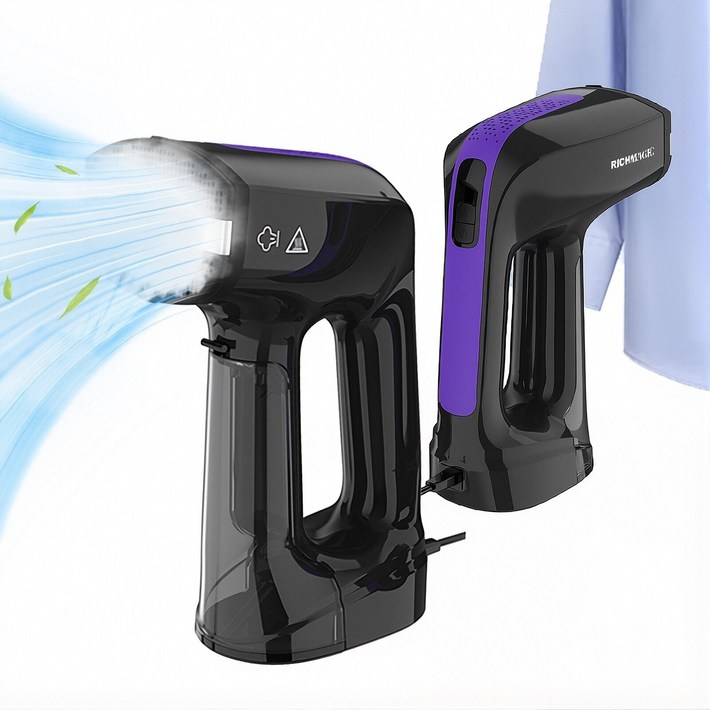 2025년형 RichMagic 진공 흡착식 핸디 스팀 다리미 3단 조절 휴대용 가정용 초경량 신속 예열 살균 진드기습기먼지 제거 200ML 대용량 물통, 자흑색