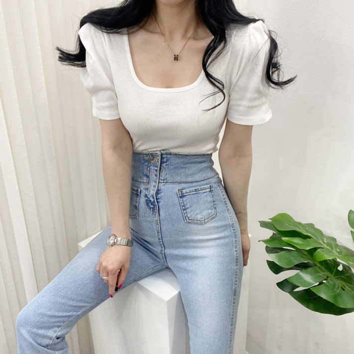 알프 빅 퍼프 골지 스퀘어넥 반팔 티셔츠 알프 빅 퍼프 골지 스퀘어넥 반팔 티셔츠
