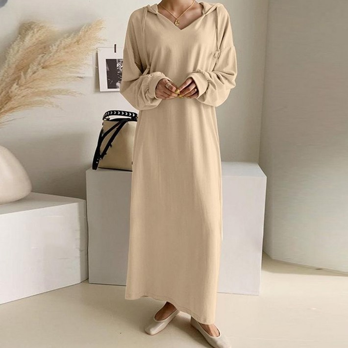 아이엠몽 여성용 체리크 후드 포인트 브이넥 포켓 롱 원피스