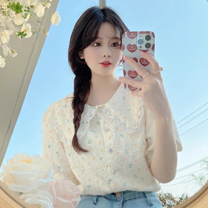 해피유통 여성 캐주얼룩 쉬폰 플라워 패턴 블라우스 레이스 카라 반팔 여성 상의M05