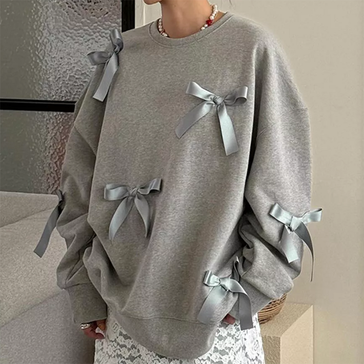 ORZQU 추동 여성 리본 단색 코디 기모 기모 도톰 루즈핏 캐주얼 패션 상의 맨투맨