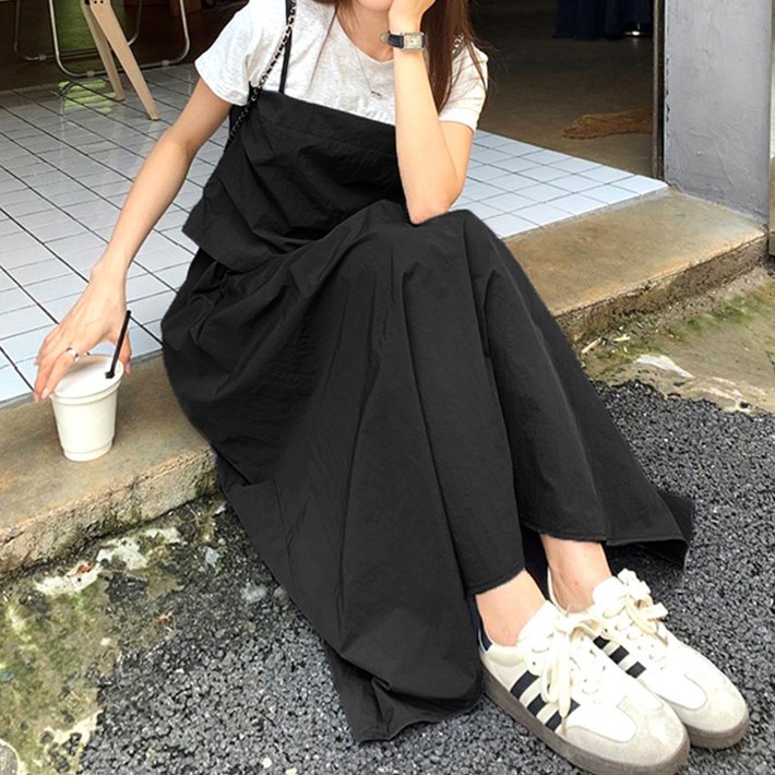 네모엔룩 바스락셋업 여성용 반소매 투인원 라운드넥 레이어드 티셔츠 밴딩 맥시 롱 스커트 상하세트 투피스