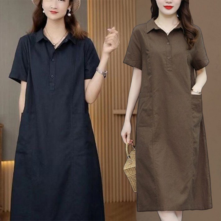 빅사이즈 카라넥 빈티지 면마 원피스 여름 반팔 원피스 캐주얼 린넨 하객원피스