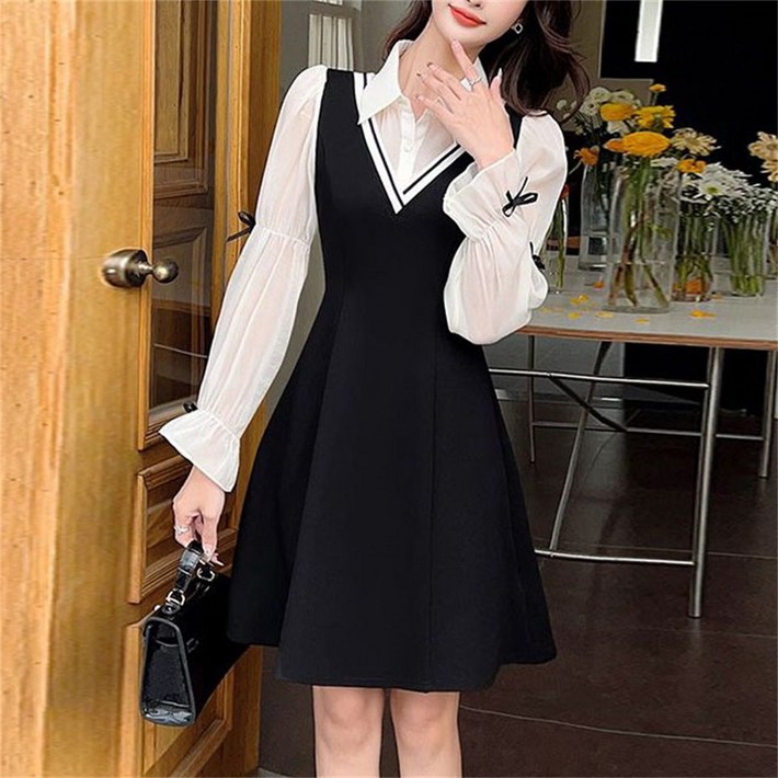 TKX 여성 봄 가을 새로운 롱 슬리브 배색 드레스 패션 미니원피스 데일리룩 K51