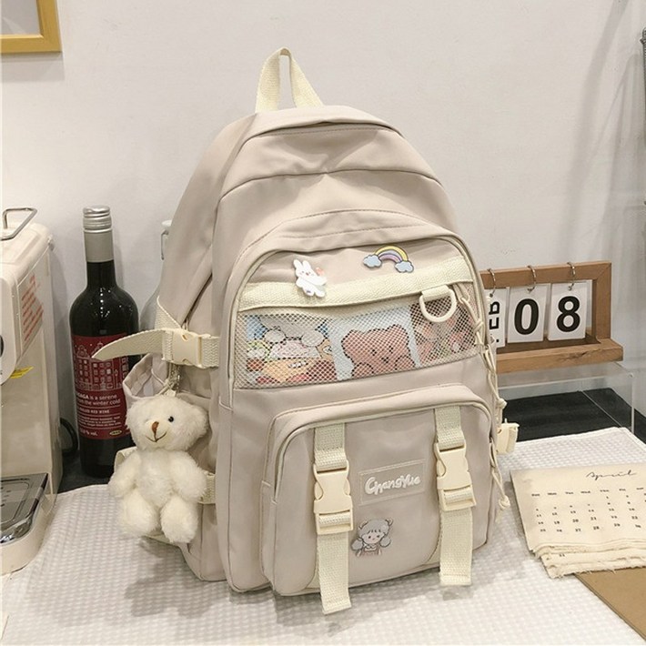 캐주얼 데일리 백팩 학생 가방  곰돌이키링  뱃지포함