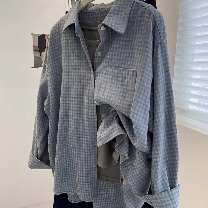 TIMEPURE 남녀 공용 오버핏 체크 셔츠 데일리 셔츠 코디 오버사이즈 긴팔 셔츠 실루엣 편안함 캐주얼 룩 통근 데이트 소프트 텍스처 릴랙스 핏 셔츠