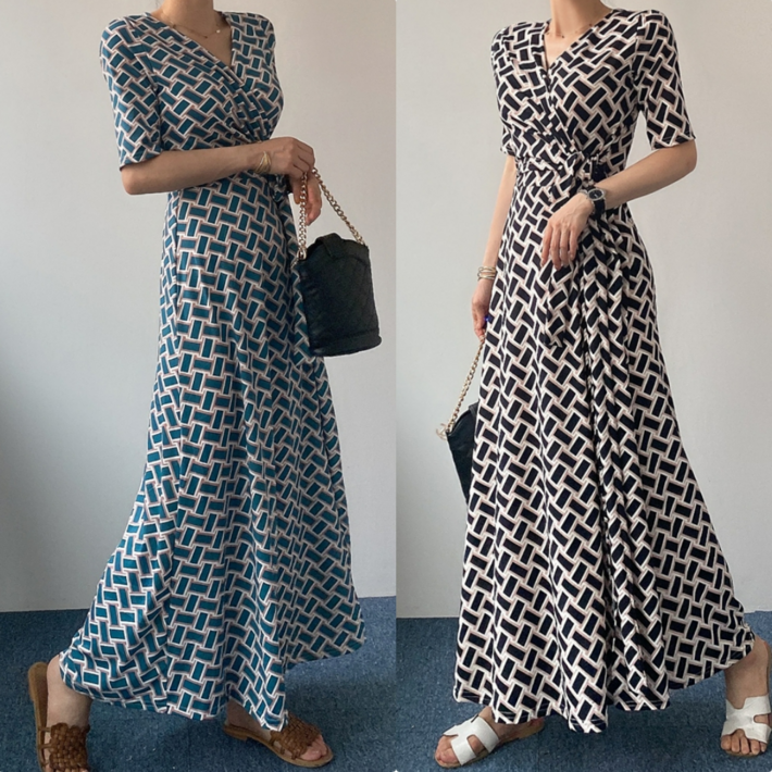 에이스토리 여름 브이넥 나염 랩 롱원피스 봄가을 슬림핏 날씬 랩원피스