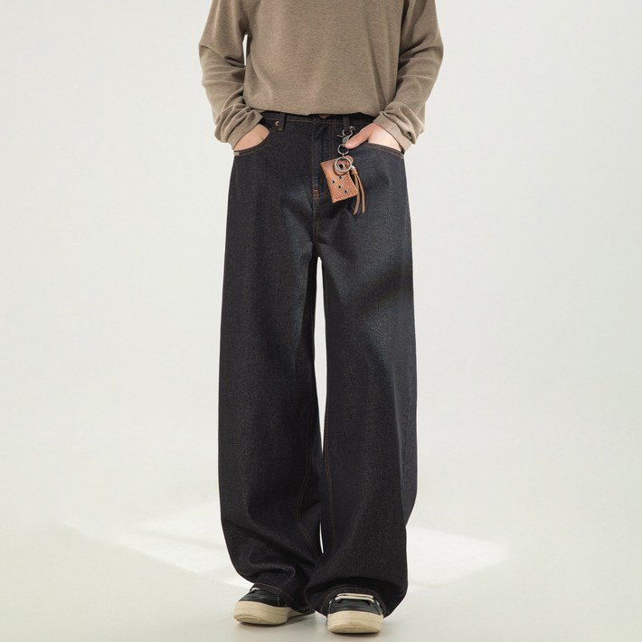 하울맨 남성 빅사이즈 생지 블랙 데님팬츠 와이드 일자핏 콘트라스트 스티치 청바지